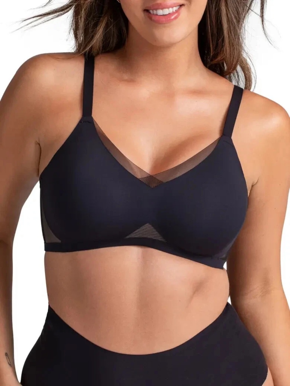 Wireless Black Comfort Bra with Mesh Trim